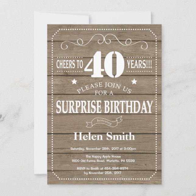 Invitación de cumpleaños 40 sorpresa rústica (Anverso)