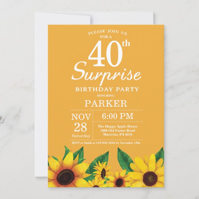 Invitación de cumpleaños 40 Sunflower Surprise (Anverso)