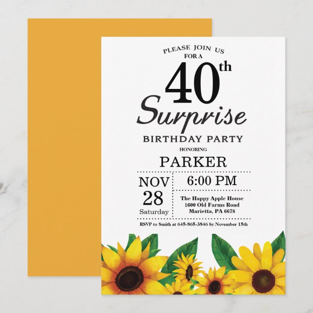 Invitación de cumpleaños 40 Sunflower Surprise (Anverso / Reverso)