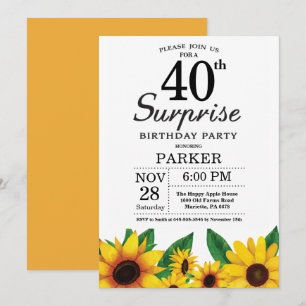 Invitación de cumpleaños 40 Sunflower Surprise