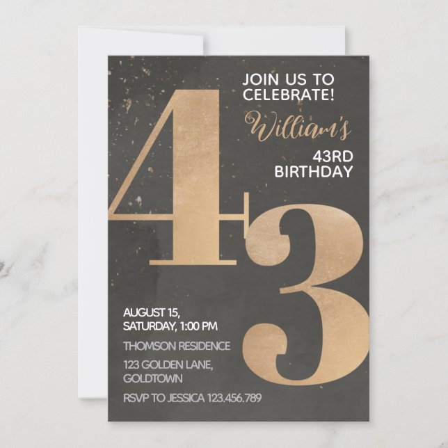 Invitación de cumpleaños 43 de Gold Black (Anverso)