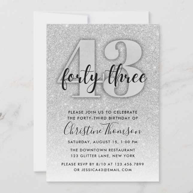 Invitación de cumpleaños 43 de Silver Purpurina (Anverso)