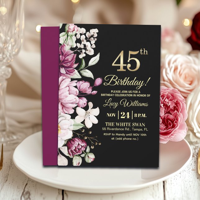 Invitación de cumpleaños 45 elegante floral dorada (Subido por el creador)