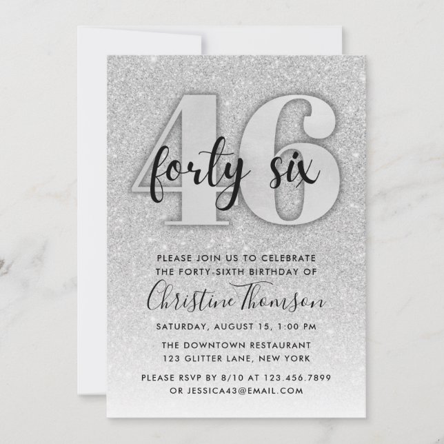 Invitación de cumpleaños 46 de Silver Purpurina (Anverso)