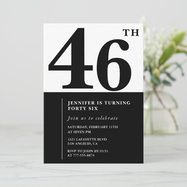 Invitación de cumpleaños 46 elegante mujer Negro (Anverso de pie)
