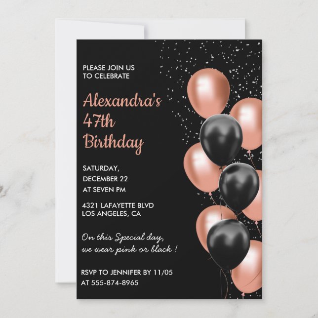 invitación de cumpleaños 47 Rose gold Black Balloo (Anverso)