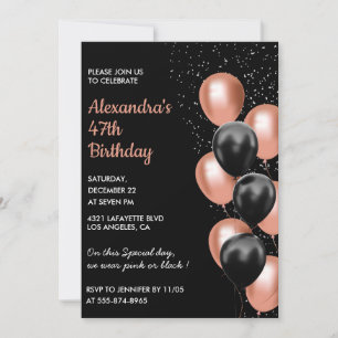 invitación de cumpleaños 47 Rose gold Black Balloo
