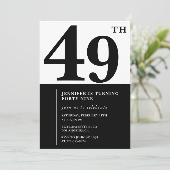 Invitación de cumpleaños 49 elegante mujer Negro (Anverso de pie)