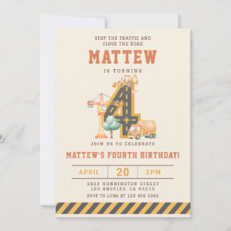 Invitación de cumpleaños 4 años Vehículos de Const