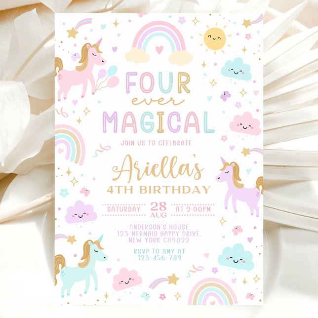 Invitación de cumpleaños 4 de sirena, mágica para  (mermaid 4th invitation)