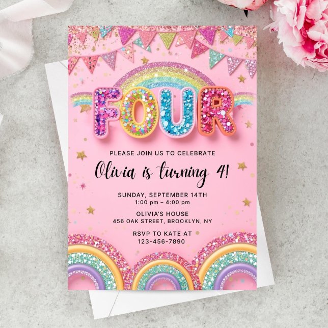 Invitación de cumpleaños 4 editable Pink Rainbow S (Subido por el creador)
