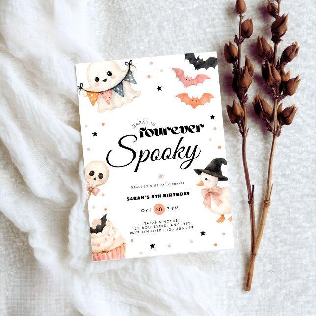 Invitación de cumpleaños 4 espeluznante Halloween  (Fourever spooky 4th birthday invitation halloween themed.)