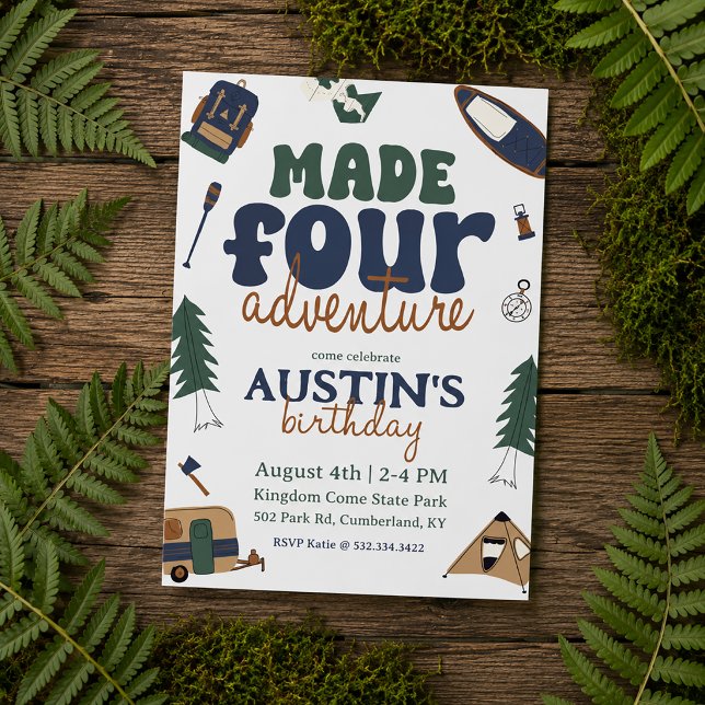 Invitación de Cumpleaños 4 Made For Adventure (Made Four Adventure Fourth Birthday Theme)