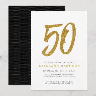 invitación de cumpleaños 50º con purpurina dorada