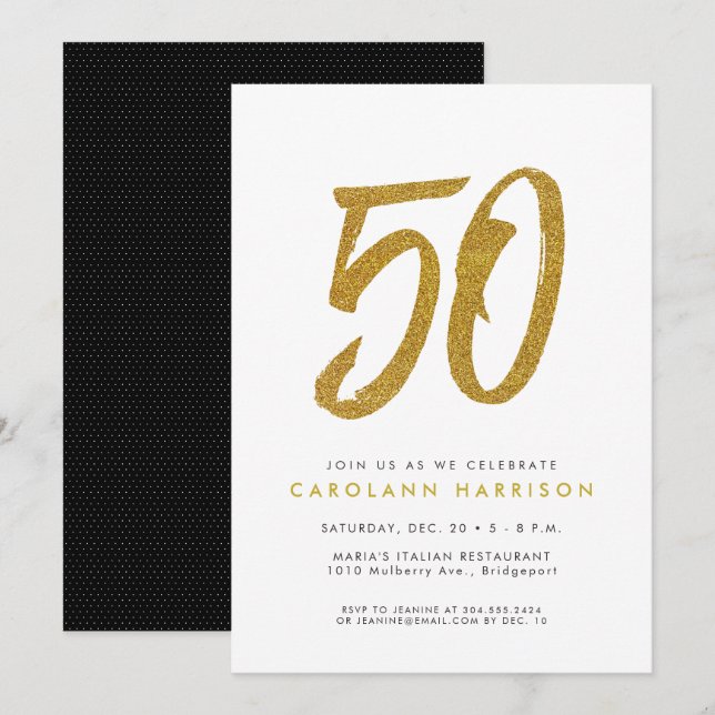 invitación de cumpleaños 50º con purpurina dorada (Anverso / Reverso)