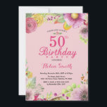 Invitación de cumpleaños 50 a mujeres rosadas<br><div class="desc">Invitación de 50 años floral para mujeres. Floral acuarela,  fondo rosado. Para una mayor personalización,  haga clic en el botón "Personalizar" y utilice nuestra herramienta de diseño para modificar esta plantilla.</div>