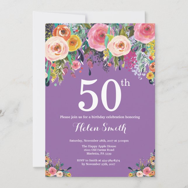 Invitación de cumpleaños 50 a Purple Floral (Anverso)