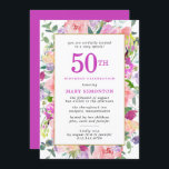 Invitación de cumpleaños 50 a Purple Pink Floral<br><div class="desc">Hermosas flores combinadas de color rosa, púrpura y crema amarilla. La invitación de la fiesta de 50 años es violeta. Coincide con el 50, que está escrito en el mismo color violeta. La celebración del cumpleaños y el nombre del celebrante también son morados. Las hojas verdes brillantes añaden un ambiente...</div>