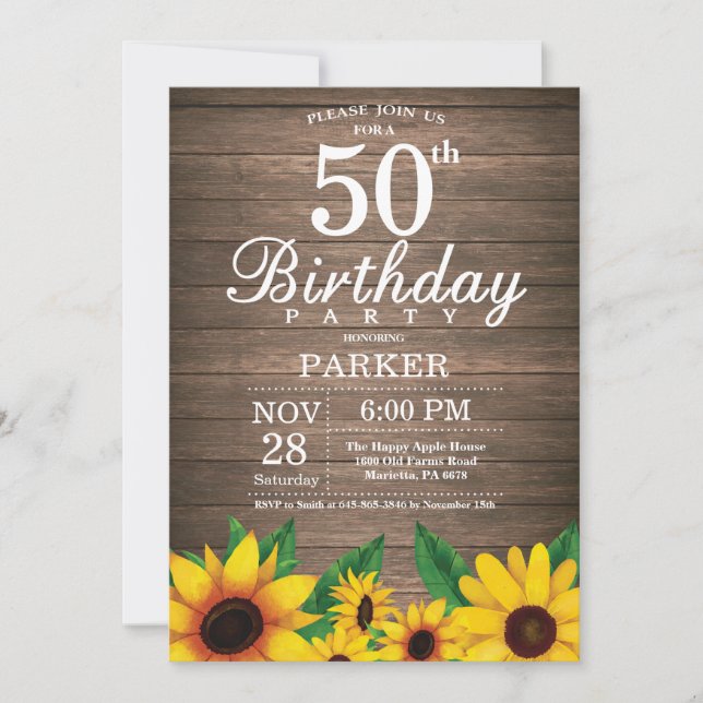 Invitación de cumpleaños 50 a Rustic Sunflower (Anverso)