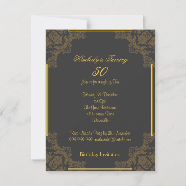 Invitación de cumpleaños 50 Art Deco Carbón (Anverso)