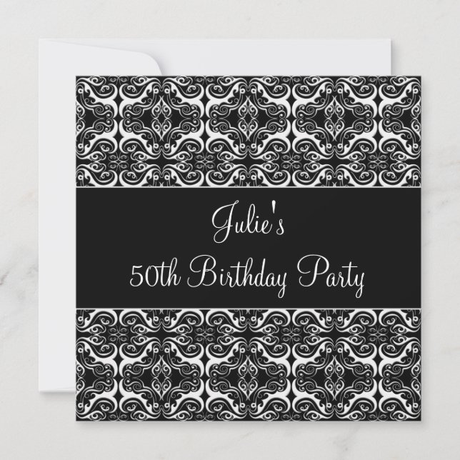 Invitación de cumpleaños 50 Black Damask 50º (Anverso)