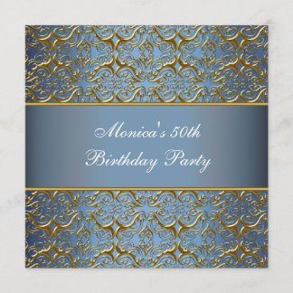 Invitación de cumpleaños 50 Blue Gold 50 Elegante