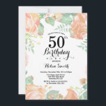 Invitación de cumpleaños 50 Botanical Peach Floral<br><div class="desc">Invitación de cumpleaños 50 Botanical Peach Floral. Invitación de cumpleaños floral de peonías rosadas para mujeres. Flor de acuarela floral. Flores elegantes de rosa y peonía rosadas. Cumpleaños adulto. Fondo blanco. Blanco y negro. 13 15 16 18 20 21 30 40 50 60 70 80 90 100, cualquier edad. Para...</div>