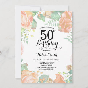 Invitación de cumpleaños 50 Botanical Peach Floral