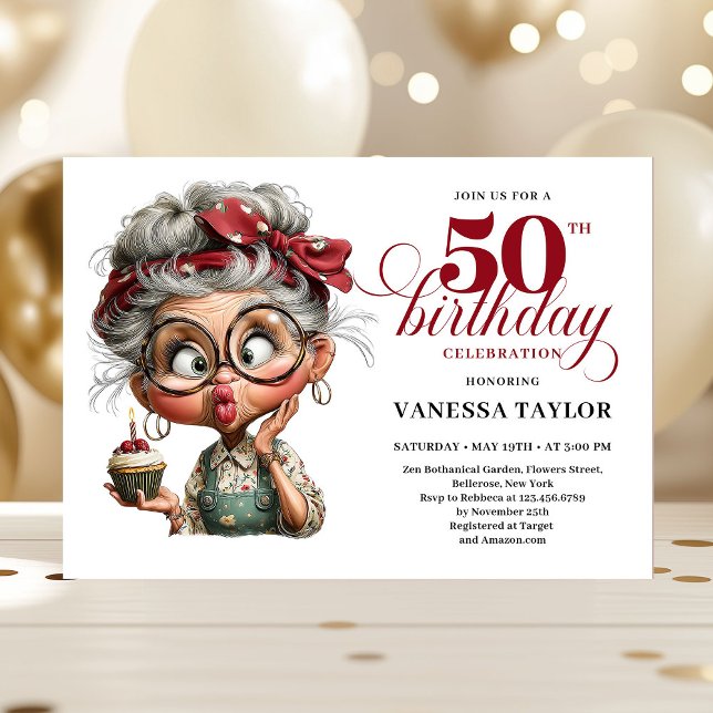 Invitación de cumpleaños 50 caprichosa divertida y (Whimsical 50th birthday invite quirky fun woman)