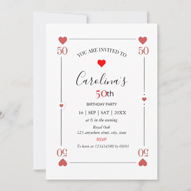 invitación de cumpleaños 50 carta de juego casino (Anverso)