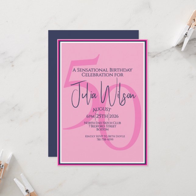 Invitación de cumpleaños 50 Coastal Pink Navy (Anverso/Reverso In Situ)