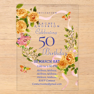 Invitación de cumpleaños 50 con cinta de rosa de o