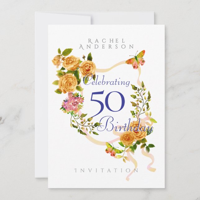 Invitación de cumpleaños 50 con cinta de rosa de o (Anverso)