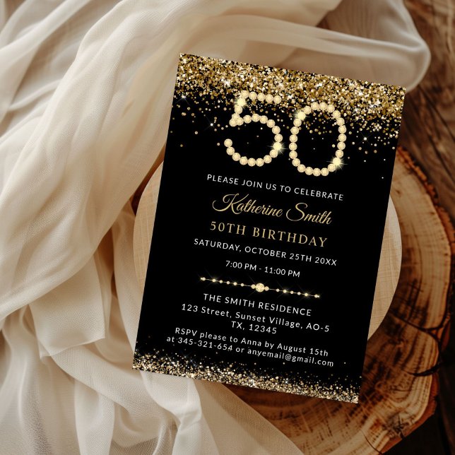 Invitación de cumpleaños 50 con diamantes y brillo (Gold Glitter Diamonds 50th Birthday Party Invitation)