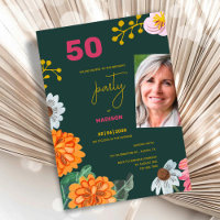 Invitación de Cumpleaños 50 con Foto y Diseño Flor