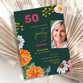 Invitación de Cumpleaños 50 con Foto y Diseño Flor