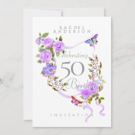 Invitación de cumpleaños 50 con lazo de rosa púrpu