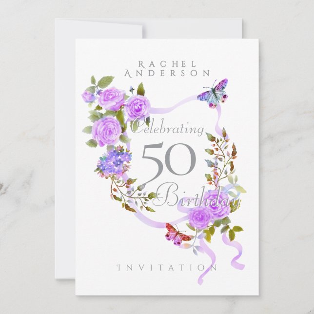Invitación de cumpleaños 50 con lazo de rosa púrpu (Anverso)