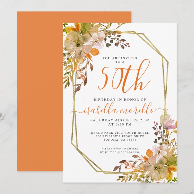 Invitación de cumpleaños 50 de Floral (Anverso / Reverso)