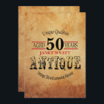 Invitación de cumpleaños 50 de la Antigüedad<br><div class="desc">Plantillas de invitación en un tema de estilo vintage antiguo. Personalizar la parte delantera y posterior con los detalles del evento, el estilo de fuente, el color de fuente. Este elegante diseño funciona bien para cualquier época de cumpleaños. Hacerlo una fiesta de cumpleaños memorable para ese invitado especial de honor....</div>