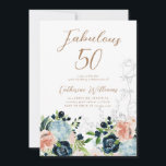 Invitación de cumpleaños 50 de la Floral Azul de M<br><div class="desc">Hermosos florales de jardín en tonos azules con acentos rosa y verde ondulados combinados con flores esbozadas y fuentes minimalistas. Visita nuestra tienda para ver artículos de papelería más personalizados.</div>