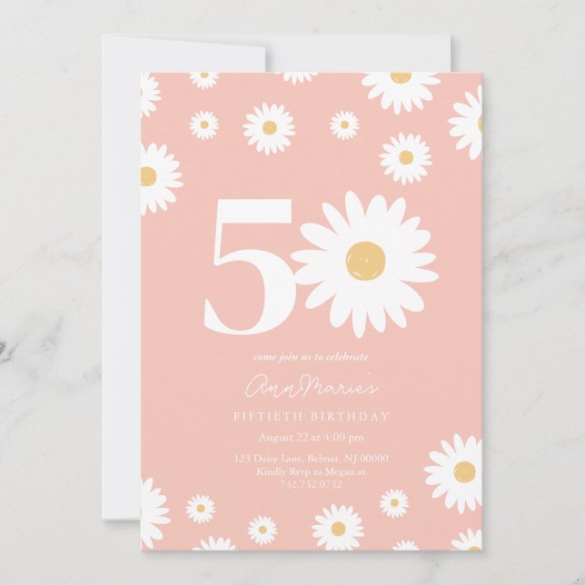 Invitación de cumpleaños 50 de Pink Daisy (Anverso)