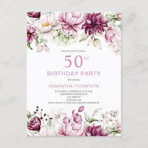 Invitación de cumpleaños 50 de Pink Floral