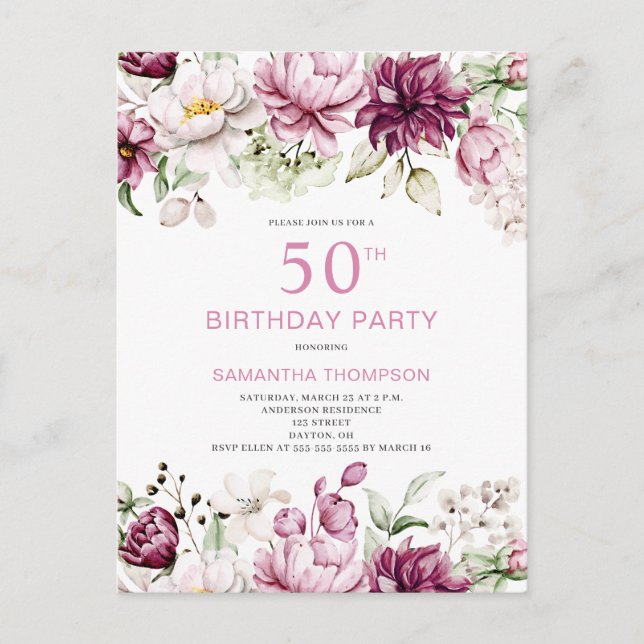 Invitación de cumpleaños 50 de Pink Floral (Anverso)