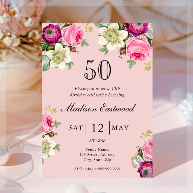 Invitación de cumpleaños 50 de Pink Floral (Subido por el creador)