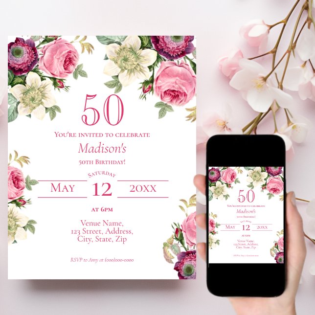 Invitación de cumpleaños 50 de Pink Floral (Subido por el creador)