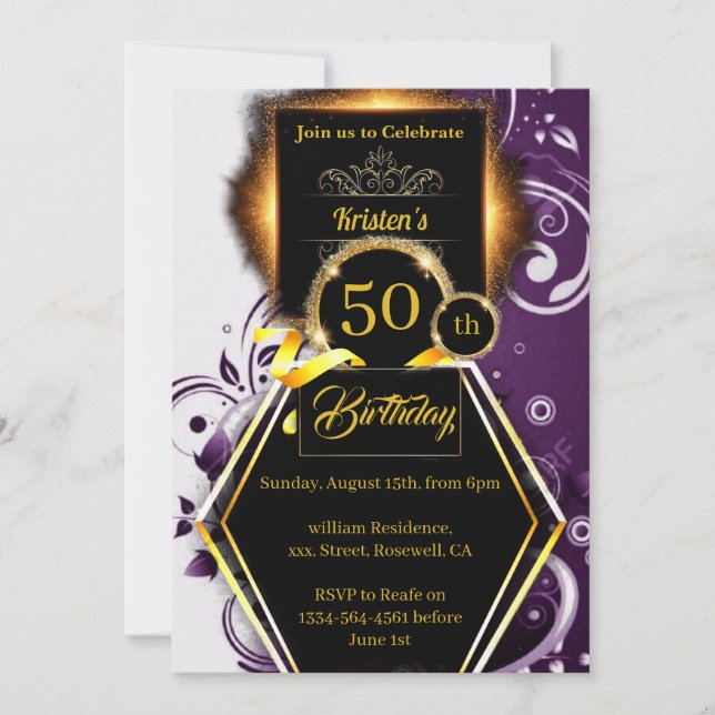 Invitación de cumpleaños 50 de Purple y Gold (Anverso)