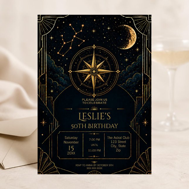 Invitación de cumpleaños 50 de Sagitario | Celesti (Celestial Sagittarius 50th birthday invitation with gold zodiac details and midnight stars.)