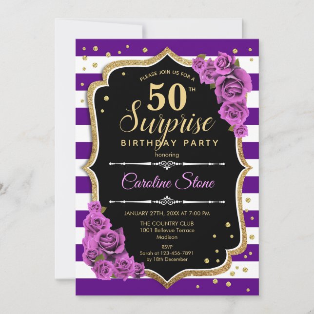 Invitación de cumpleaños 50 de Surprise - Oro púrp (Anverso)