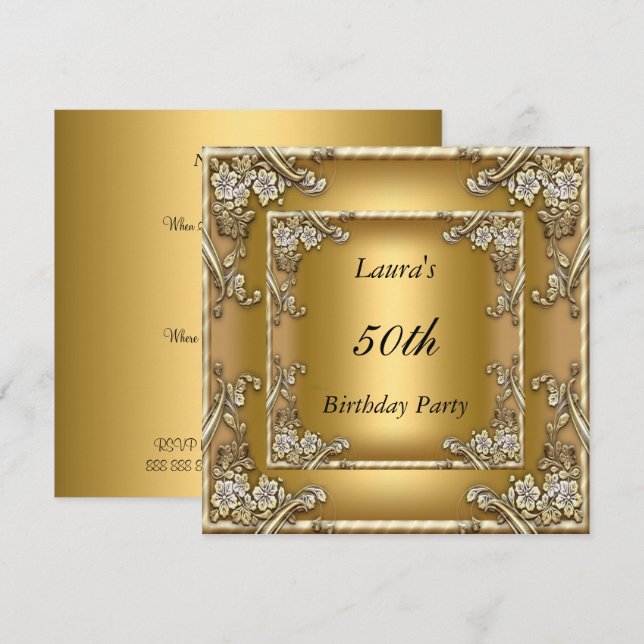 Invitación de cumpleaños 50 dorada Fiesta de cumpl (Anverso / Reverso)